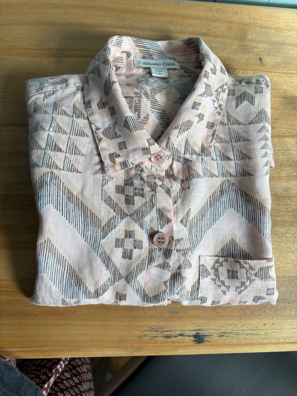 Coldwater Creek Peach and Taupe Geometric Short-Sleeve Linen Blouse